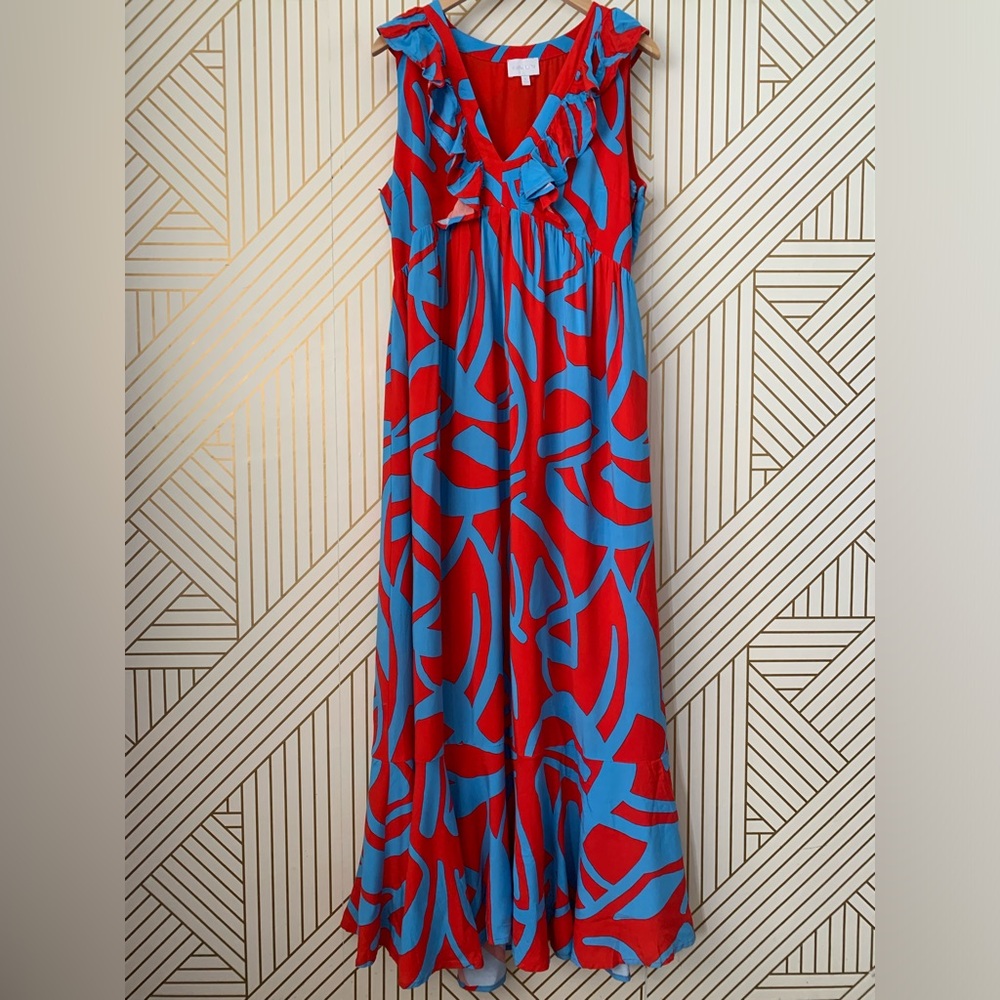 Sugarlips Ohana Bayla Deep V Maxi Dress ruffle abstract floral leaves 100% Rayon - Picture 2 of 8
